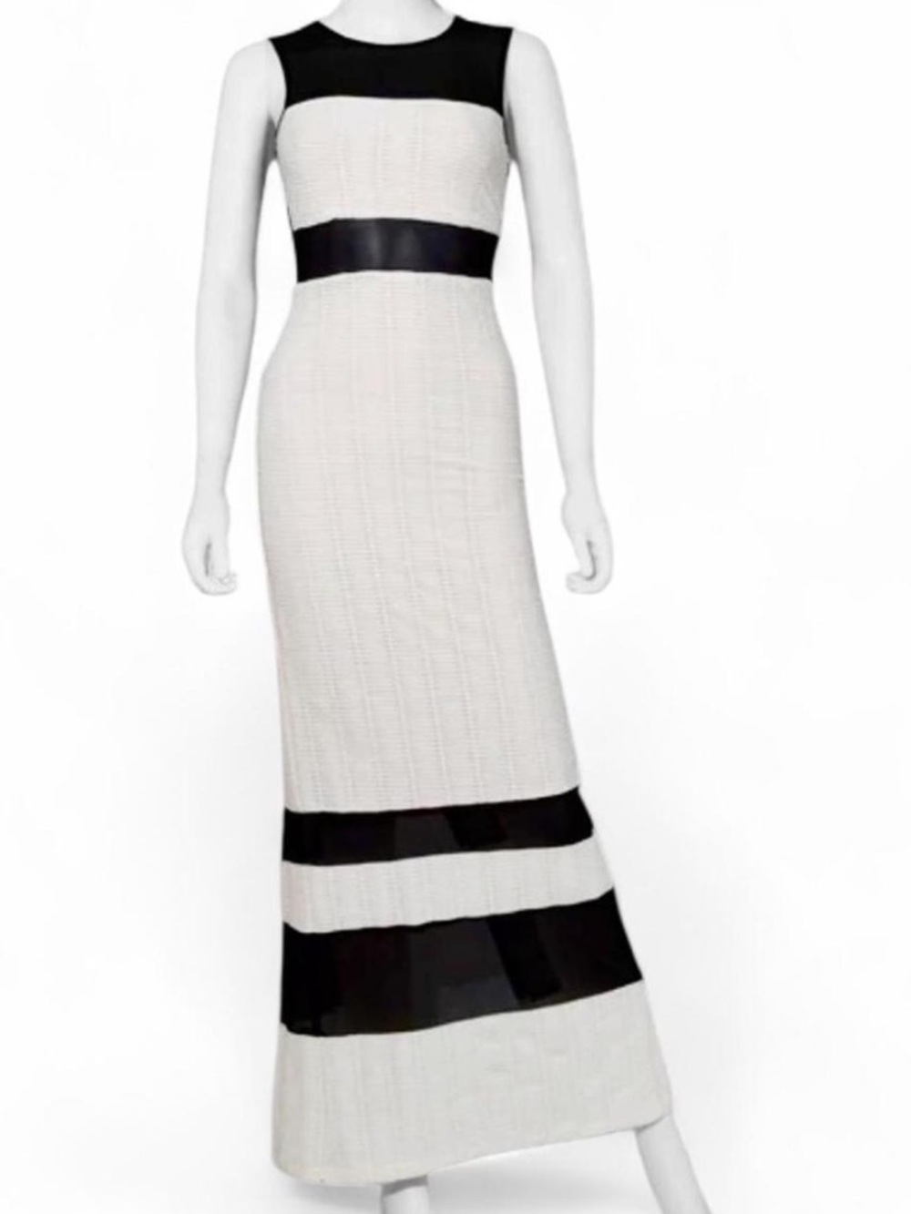 ABS Allen Schwartz White w/Black Mesh Panels Evening Gown Like New